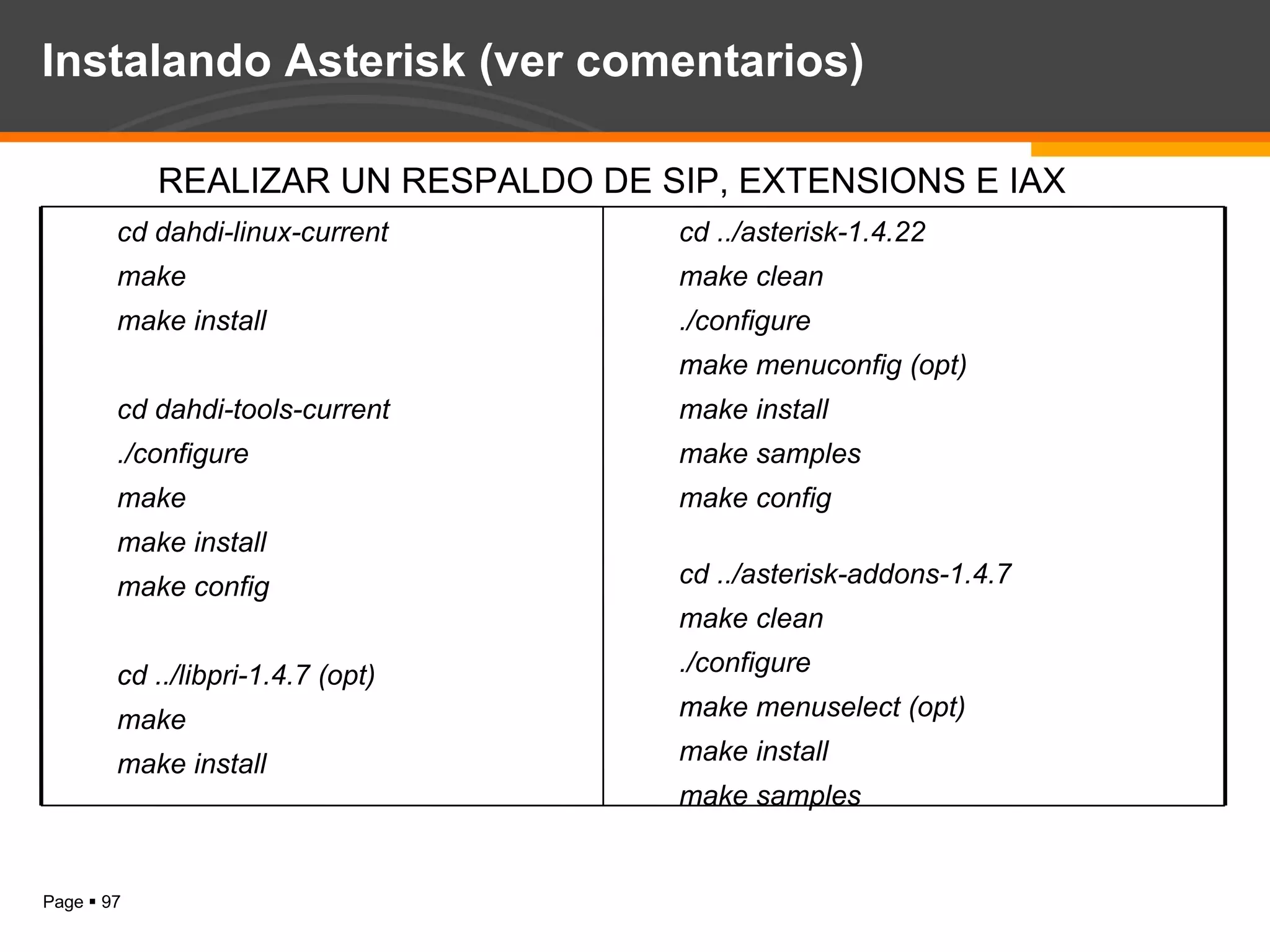 Instalando Asterisk (ver comentarios) REALIZAR UN RESPALDO DE SIP, EXTENSIONS E IAX cd ../asterisk-1.4.22 make clean ./configure make menuconfig (opt) ‏ make install make samples make config cd ../asterisk-addons-1.4.7 make clean ./configure make menuselect (opt) ‏ make install  make samples cd dahdi-linux-current make make install cd dahdi-tools-current ./configure make make install make config cd ../libpri-1.4.7 (opt) ‏ make make install 