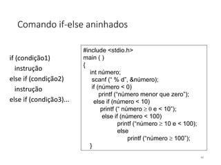 Comando if-else aninhados
if (condição1)
instrução
else if (condição2)
instrução
else if (condição3)...
#include <stdio.h>
main ( )
{
int número;
scanf (“ % d”, &número);
if (número < 0)
printf (“número menor que zero”);
else if (número < 10)
printf (“ número  e < 10”);
else if (número < 100)
printf (“número  10 e < 100);
else
printf (“número 100”);
}
48
 