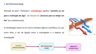1. METODOLOGIA [1,2]
Derivada do latim “methodus”, metodologia significa “caminho ou via
para a realização de algo”. Já método é o “processo para se atingir um
fim” (ex. conhecimento).
A metodologia realiza-se em meio a métodos lógicos e científicos; e é, por
assim dizer, o elo de ligação entre o investigador e o objecto da
investigação.
(d)
SUJEITO
(INVESTIGADOR)
METODOLOGIA
(LINK)
OBJECTO
(PROBLEMA)
 