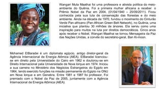 Wangari Muta Maathai foi uma professora e ativista política do meio-
ambiente do Quênia. Foi a primeira mulher africana a receber o
Prêmio Nobel da Paz em 2004, (01/04/1940 – 25/09/2011). Ficou
conhecida pela sua luta de conservação das florestas e do meio
ambiente. Ainda na década de 1970, fundou o movimento do Cinturão
Verde Pan-africano (Pan-African Green Belt Network), no Quênia, uma
iniciativa que plantou 30 milhões de árvores. Ela serviu como uma
inspiração para muitos na luta por direitos democráticos. Cinco anos
após receber o Nobel, Wangari Maathai se tornou Mensageira da Paz
das Nações Unidas, a convite do secretário-geral, Ban Ki-moon.
Mohamed ElBaradei é um diplomata egípcio, antigo diretor-geral da
Agência Internacional de Energia Atômica (AIEA). ElBaradei licenciou-
se em direito pela Universidade do Cairo em 1962 e doutorou-se em
Direito Internacional pela Universidade de Nova Iorque em 1974. Iniciou
a sua carreira no Ministério dos Negócios Estrangeiros do Egipto em
1964, tendo exercido funções na missão permanente do Egipto na ONU
em Nova Iorque e em Genebra. Entre 1981 e 1987 foi professor, Foi
premiado com o Nobel da Paz de 2005, juntamente com a Agência
Internacional de Energia Atômica (AIEA).
 