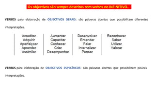 Os objectivos são sempre descritos com verbos no INFINITIVO..
VERBOS para elaboração de OBJECTIVOS GERAIS: são palavras abertas que possibilitam diferentes
interpretações.
VERBOS para elaboração de OBJECTIVOS ESPECÍFICOS: são palavras abertas que possibilitam poucas
interpretações.
 