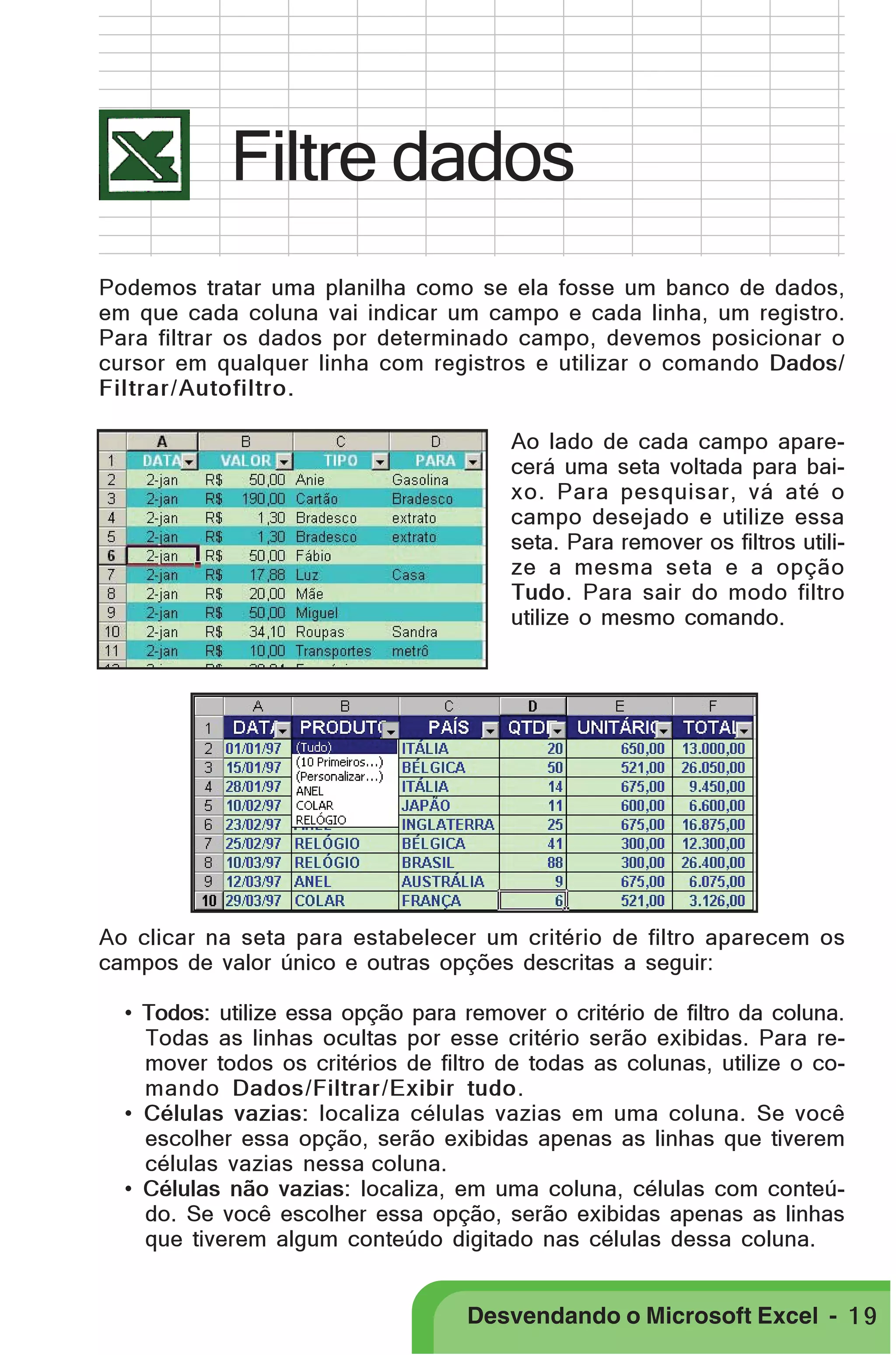 PRIMEIIROS PASSOS

Filtre dados
Podemos tratar uma planilha como se ela fosse um banco de dados,
em que cada coluna vai indicar um campo e cada linha, um registro.
Para filtrar os dados por determinado campo, devemos posicionar o
cursor em qualquer linha com registros e utilizar o comando Dados/
Filtrar/Autofiltro.
Ao lado de cada campo aparecerá uma seta voltada para baixo. Para pesquisar, vá até o
campo desejado e utilize essa
seta. Para remover os filtros utilize a mesma seta e a opção
Tudo. Para sair do modo filtro
utilize o mesmo comando.

Ao clicar na seta para estabelecer um critério de filtro aparecem os
campos de valor único e outras opções descritas a seguir:
• Todos: utilize essa opção para remover o critério de filtro da coluna.
Todas as linhas ocultas por esse critério serão exibidas. Para remover todos os critérios de filtro de todas as colunas, utilize o comando Dados/Filtrar/Exibir tudo.
• Células vazias: localiza células vazias em uma coluna. Se você
escolher essa opção, serão exibidas apenas as linhas que tiverem
células vazias nessa coluna.
• Células não vazias: localiza, em uma coluna, células com conteúdo. Se você escolher essa opção, serão exibidas apenas as linhas
que tiverem algum conteúdo digitado nas células dessa coluna.

Desvendando o Microsoft Excel - 1 9

 