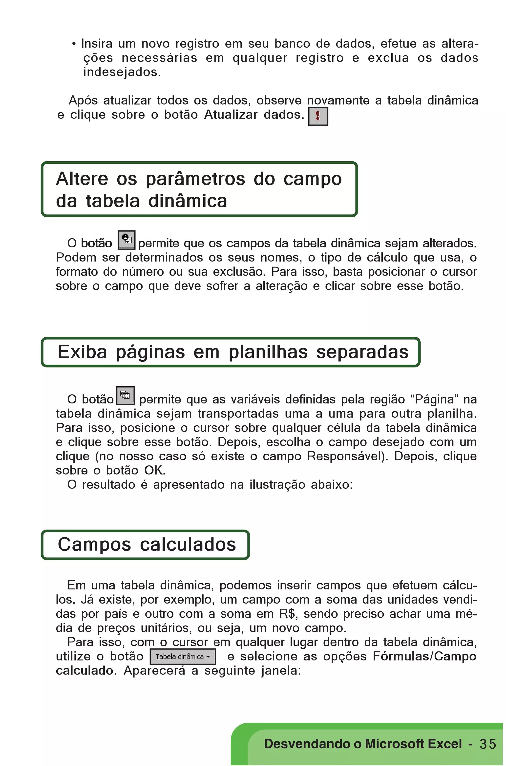 PRIMEIIROS PASSOS

• Insira um novo registro em seu banco de dados, efetue as alterações necessárias em qualquer registro e exclua os dados
indesejados.
Após atualizar todos os dados, observe novamente a tabela dinâmica
e clique sobre o botão Atualizar dados.

Altere os parâmetros do campo
da tabela dinâmica
O botão
permite que os campos da tabela dinâmica sejam alterados.
Podem ser determinados os seus nomes, o tipo de cálculo que usa, o
formato do número ou sua exclusão. Para isso, basta posicionar o cursor
sobre o campo que deve sofrer a alteração e clicar sobre esse botão.

Exiba páginas em planilhas separadas
O botão
permite que as variáveis definidas pela região “Página” na
tabela dinâmica sejam transportadas uma a uma para outra planilha.
Para isso, posicione o cursor sobre qualquer célula da tabela dinâmica
e clique sobre esse botão. Depois, escolha o campo desejado com um
clique (no nosso caso só existe o campo Responsável). Depois, clique
sobre o botão OK.
O resultado é apresentado na ilustração abaixo:

Campos calculados
Em uma tabela dinâmica, podemos inserir campos que efetuem cálculos. Já existe, por exemplo, um campo com a soma das unidades vendidas por país e outro com a soma em R$, sendo preciso achar uma média de preços unitários, ou seja, um novo campo.
Para isso, com o cursor em qualquer lugar dentro da tabela dinâmica,
utilize o botão
e selecione as opções Fórmulas/Campo
calculado. Aparecerá a seguinte janela:

Desvendando o Microsoft Excel - 3 5

 