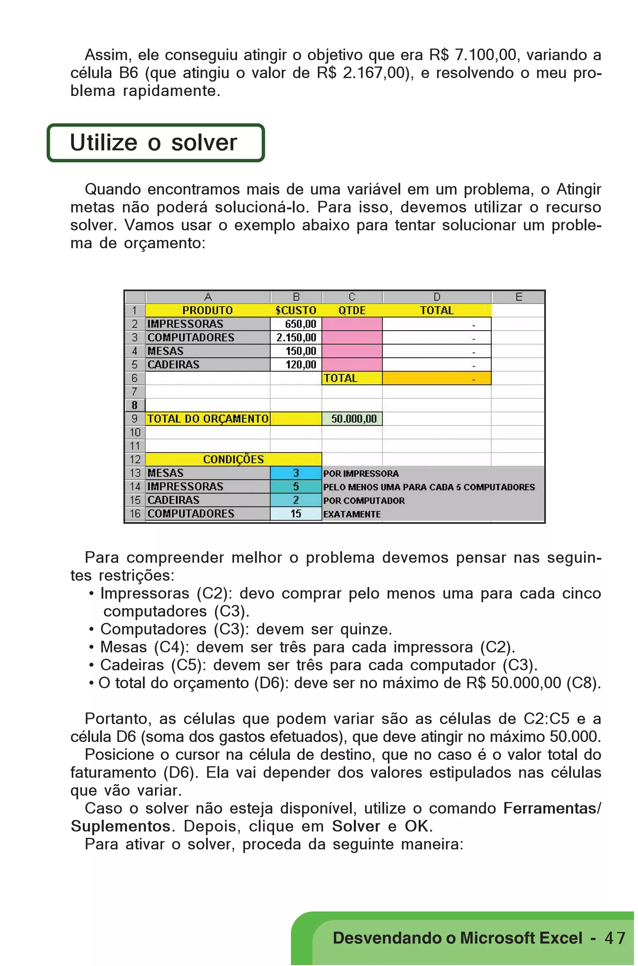 PRIMEIIROS PASSOS

Assim, ele conseguiu atingir o objetivo que era R$ 7.100,00, variando a
célula B6 (que atingiu o valor de R$ 2.167,00), e resolvendo o meu problema rapidamente.

Utilize o solver
Quando encontramos mais de uma variável em um problema, o Atingir
metas não poderá solucioná-lo. Para isso, devemos utilizar o recurso
solver. Vamos usar o exemplo abaixo para tentar solucionar um problema de orçamento:

Para compreender melhor o problema devemos pensar nas seguintes restrições:
• Impressoras (C2): devo comprar pelo menos uma para cada cinco
computadores (C3).
• Computadores (C3): devem ser quinze.
• Mesas (C4): devem ser três para cada impressora (C2).
• Cadeiras (C5): devem ser três para cada computador (C3).
• O total do orçamento (D6): deve ser no máximo de R$ 50.000,00 (C8).
Portanto, as células que podem variar são as células de C2:C5 e a
célula D6 (soma dos gastos efetuados), que deve atingir no máximo 50.000.
Posicione o cursor na célula de destino, que no caso é o valor total do
faturamento (D6). Ela vai depender dos valores estipulados nas células
que vão variar.
Caso o solver não esteja disponível, utilize o comando Ferramentas/
Suplementos. Depois, clique em Solver e OK.
Para ativar o solver, proceda da seguinte maneira:

Desvendando o Microsoft Excel - 4 7

 