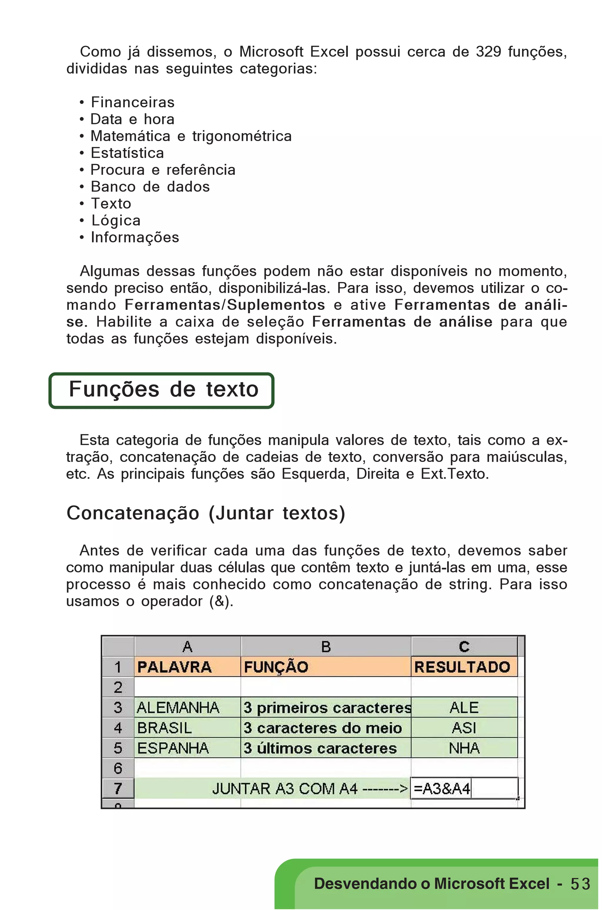 PRIMEIIROS PASSOS

Como já dissemos, o Microsoft Excel possui cerca de 329 funções,
divididas nas seguintes categorias:
•
•
•
•
•
•
•
•
•

Financeiras
Data e hora
Matemática e trigonométrica
Estatística
Procura e referência
Banco de dados
Texto
Lógica
Informações

Algumas dessas funções podem não estar disponíveis no momento,
sendo preciso então, disponibilizá-las. Para isso, devemos utilizar o comando Ferramentas/Suplementos e ative Ferramentas de análise. Habilite a caixa de seleção Ferramentas de análise para que
todas as funções estejam disponíveis.

Funções de texto
Esta categoria de funções manipula valores de texto, tais como a extração, concatenação de cadeias de texto, conversão para maiúsculas,
etc. As principais funções são Esquerda, Direita e Ext.Texto.

Concatenação (Juntar textos)
Antes de verificar cada uma das funções de texto, devemos saber
como manipular duas células que contêm texto e juntá-las em uma, esse
processo é mais conhecido como concatenação de string. Para isso
usamos o operador (&).

Desvendando o Microsoft Excel - 5 3

 