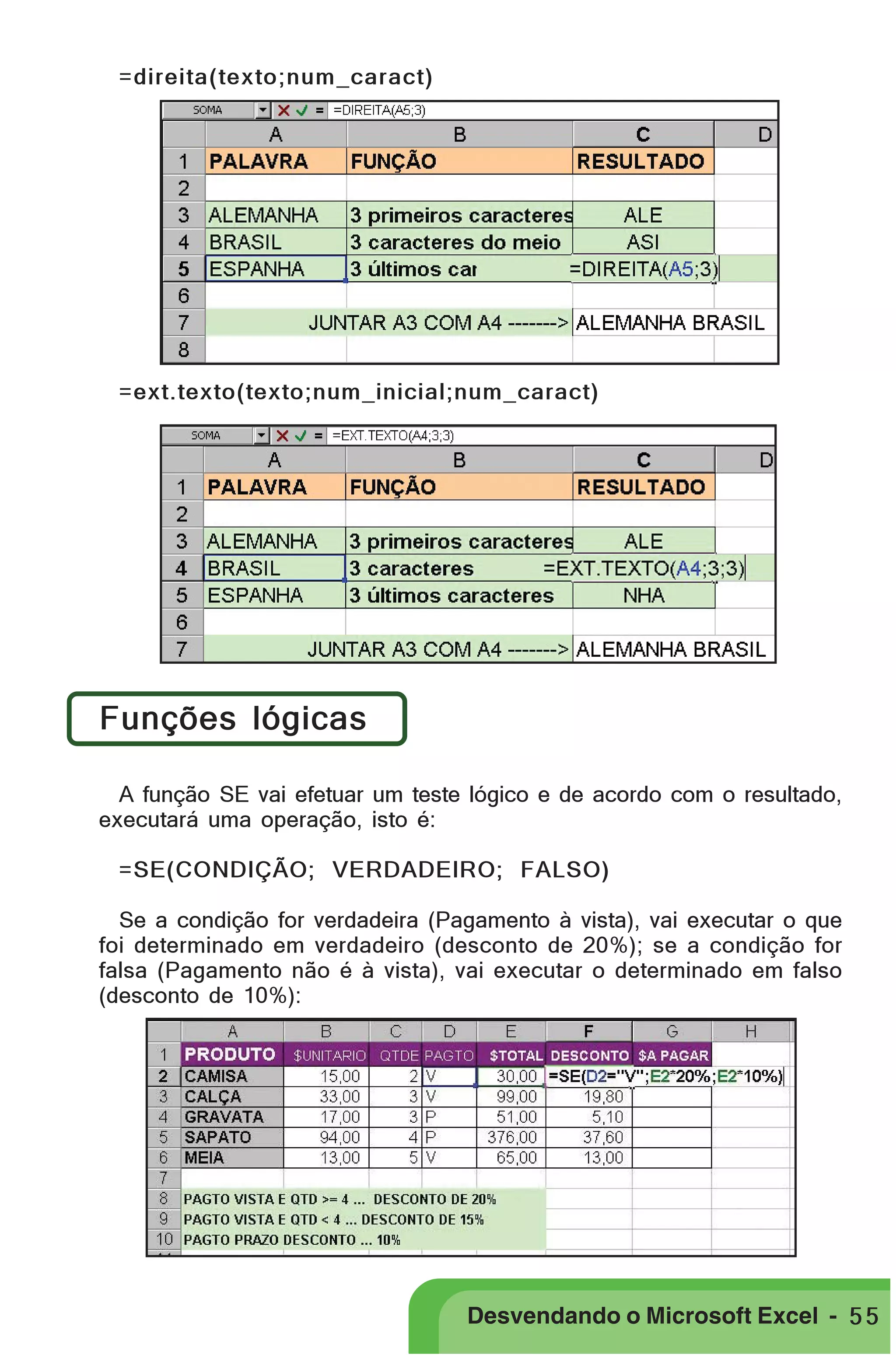 PRIMEIIROS PASSOS

=direita(texto;num_caract)

=ext.texto(texto;num_inicial;num_caract)

Funções lógicas
A função SE vai efetuar um teste lógico e de acordo com o resultado,
executará uma operação, isto é:
=SE(CONDIÇÃO; VERDADEIRO; FALSO)
Se a condição for verdadeira (Pagamento à vista), vai executar o que
foi determinado em verdadeiro (desconto de 20%); se a condição for
falsa (Pagamento não é à vista), vai executar o determinado em falso
(desconto de 10%):

Desvendando o Microsoft Excel - 5 5

 