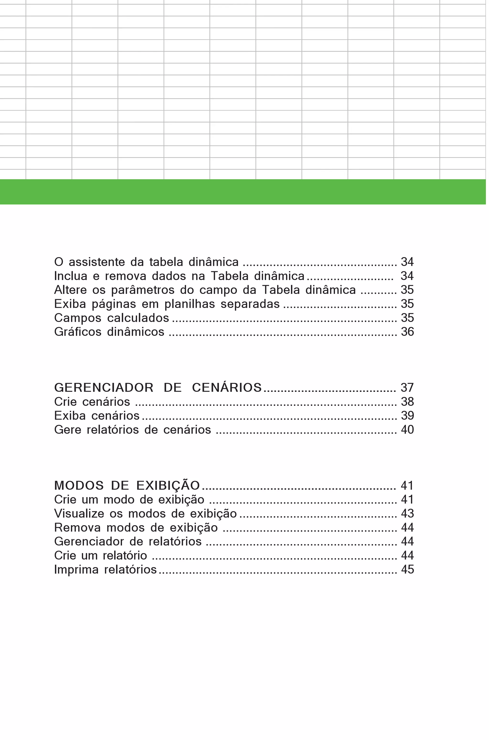 O assistente da tabela dinâmica .............................................. 34
Inclua e remova dados na Tabela dinâmica .......................... 34
Altere os parâmetros do campo da Tabela dinâmica ........... 35
Exiba páginas em planilhas separadas .................................. 35
Campos calculados ................................................................... 35
Gráficos dinâmicos .................................................................... 36

GERENCIADOR DE CENÁRIOS ....................................... 37
Crie cenários .............................................................................. 38
Exiba cenários ............................................................................ 39
Gere relatórios de cenários ...................................................... 40

MODOS DE EXIBIÇÃO ......................................................... 41
Crie um modo de exibição ........................................................ 41
Visualize os modos de exibição ............................................... 43
Remova modos de exibição .................................................... 44
Gerenciador de relatórios ......................................................... 44
Crie um relatório ......................................................................... 44
Imprima relatórios ....................................................................... 45

 