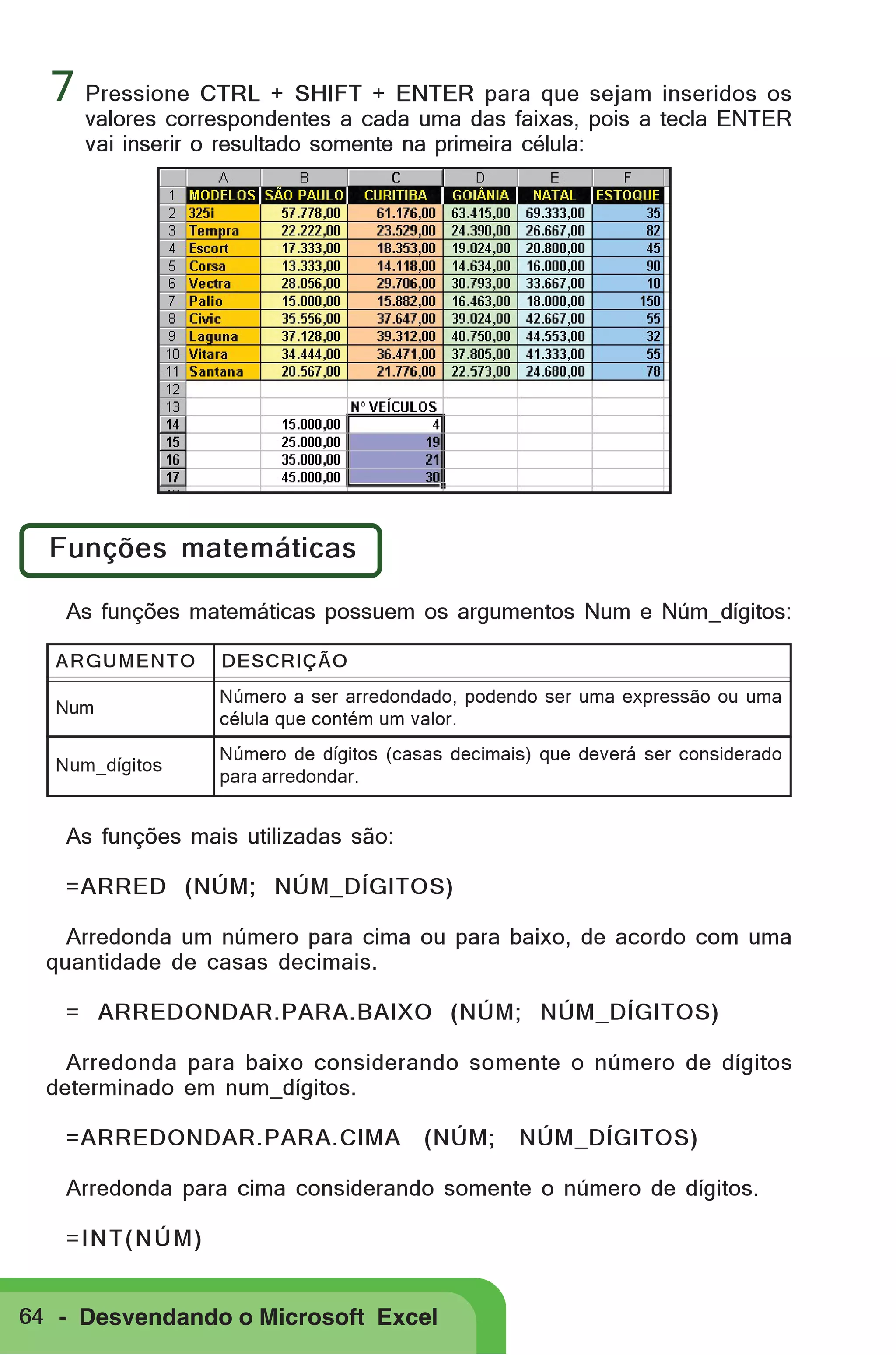 7 Pressione CTRL + SHIFT + ENTER para que sejam inseridos os

valores correspondentes a cada uma das faixas, pois a tecla ENTER
vai inserir o resultado somente na primeira célula:

Funções matemáticas
As funções matemáticas possuem os argumentos Num e Núm_dígitos:
ARGUMENTO

DESCRIÇÃO

Num

Número a ser arredondado, podendo ser uma expressão ou uma
célula que contém um valor.

Num_dígitos

Número de dígitos (casas decimais) que deverá ser considerado
para arredondar.

As funções mais utilizadas são:
=ARRED (NÚM; NÚM_DÍGITOS)
Arredonda um número para cima ou para baixo, de acordo com uma
quantidade de casas decimais.
= ARREDONDAR.PARA.BAIXO (NÚM; NÚM_DÍGITOS)
Arredonda para baixo considerando somente o número de dígitos
determinado em num_dígitos.
=ARREDONDAR.PARA.CIMA

(NÚM;

NÚM_DÍGITOS)

Arredonda para cima considerando somente o número de dígitos.
=INT(NÚM)
64 - Desvendando o Microsoft Excel

 