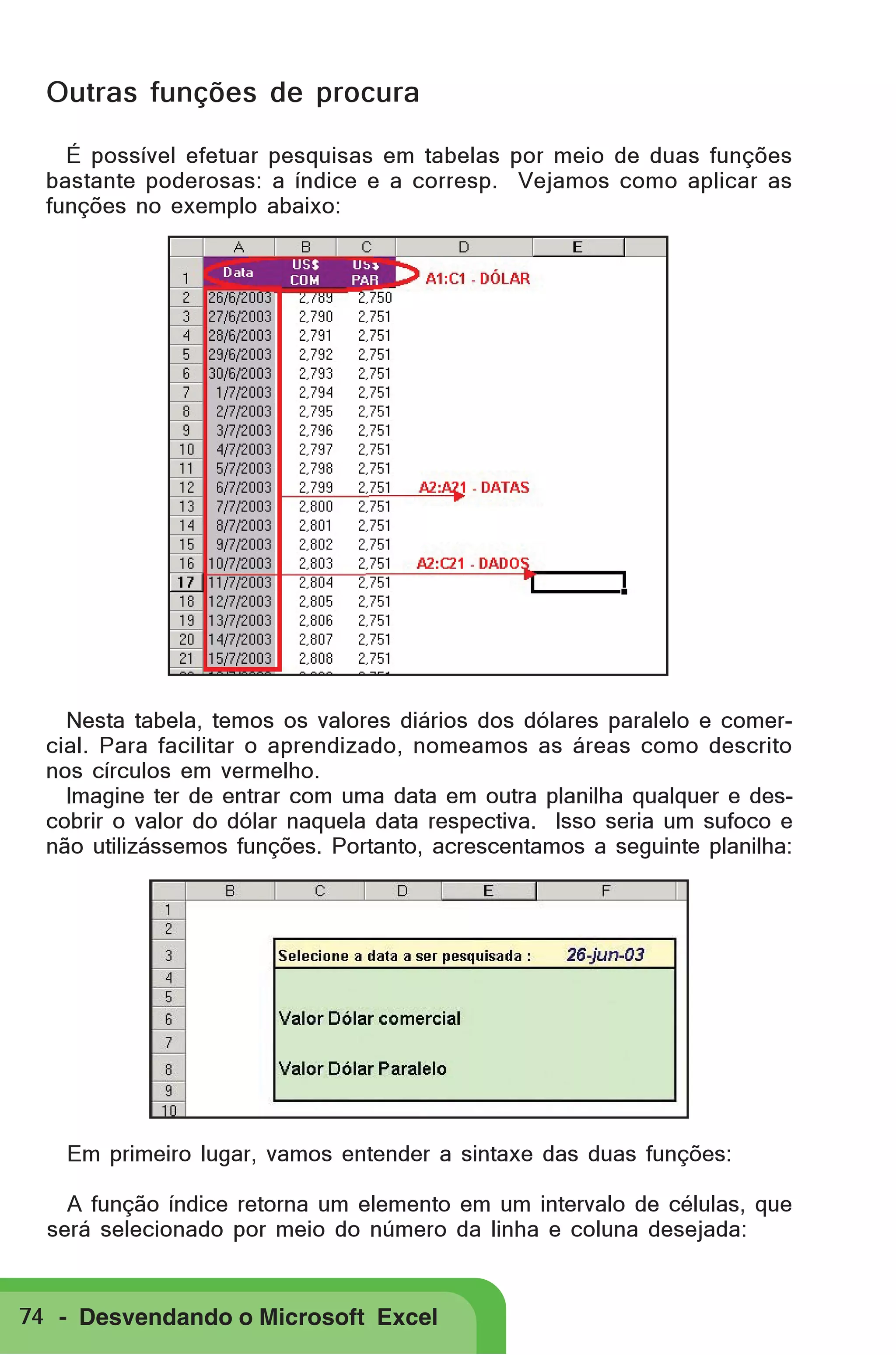 Outras funções de procura
É possível efetuar pesquisas em tabelas por meio de duas funções
bastante poderosas: a índice e a corresp. Vejamos como aplicar as
funções no exemplo abaixo:

Nesta tabela, temos os valores diários dos dólares paralelo e comercial. Para facilitar o aprendizado, nomeamos as áreas como descrito
nos círculos em vermelho.
Imagine ter de entrar com uma data em outra planilha qualquer e descobrir o valor do dólar naquela data respectiva. Isso seria um sufoco e
não utilizássemos funções. Portanto, acrescentamos a seguinte planilha:

Em primeiro lugar, vamos entender a sintaxe das duas funções:
A função índice retorna um elemento em um intervalo de células, que
será selecionado por meio do número da linha e coluna desejada:

74 - Desvendando o Microsoft Excel

 