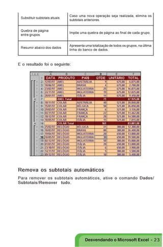 PRIMEIIROS PASSOS
Substituir subtotais atuais

Caso uma nova operação seja realizada, elimina os
subtotais anteriores.

Quebra de página
entre grupos

Impõe uma quebra de página ao final de cada grupo.

Resumir abaixo dos dados

Apresenta uma totalização de todos os grupos, na última
linha do banco de dados.

E o resultado foi o seguinte:

Remova os subtotais automáticos
Para remover os subtotais automáticos, ative o comando Dados/
Subtotais/Remover tudo.

Desvendando o Microsoft Excel - 2 3

 