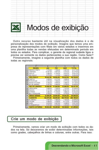 PRIMEIIROS PASSOS

Modos de exibição
Outro recurso bastante útil na visualização dos dados é o de
personalização dos modos de exibição. Imagine que temos uma empresa de representações com filiais em vários estados e inserimos em
uma planilha todas as vendas efetuadas em determinado período em
todos os estados. Para complicar, o gerente da regional sudeste ligou e
precisa ver somente os dados pertencentes a sua região. Como fazer?
Primeiramente, imagine a seguinte planilha com todos os dados de
todas as regionais:

Crie um modo de exibição
Primeiramente, vamos criar um modo de exibição com todos os dados na tela. Só deixaremos de exibir determinadas informações, tais
como grades, cabeçalhos de linhas e colunas, entre outras. Para isso:

Desvendando o Microsoft Excel - 4 1

 