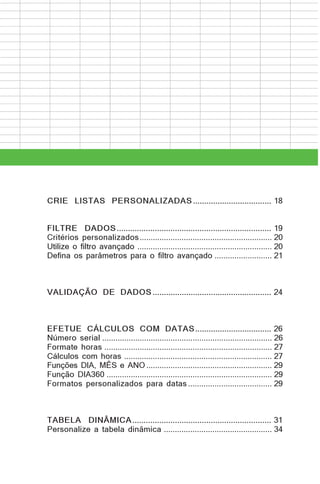 CRIE LISTAS PERSONALIZADAS ................................... 18
FILTRE DADOS ..................................................................... 19
Critérios personalizados ............................................................ 20
Utilize o filtro avançado ............................................................. 20
Defina os parâmetros para o filtro avançado .......................... 21

VALIDAÇÃO DE DADOS ..................................................... 24

EFETUE CÁLCULOS COM DATAS .................................. 26
Número serial ............................................................................. 26
Formate horas ............................................................................ 27
Cálculos com horas ................................................................... 27
Funções DIA, MÊS e ANO ......................................................... 29
Função DIA360 ........................................................................... 29
Formatos personalizados para datas ...................................... 29

TABELA DINÂMICA .............................................................. 31
Personalize a tabela dinâmica ................................................. 34

 