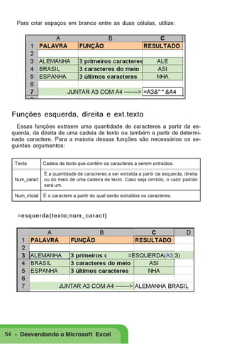 Para criar espaços em branco entre as duas células, utilize:

Funções esquerda, direita e ext.texto
Essas funções extraem uma quantidade de caracteres a partir da esquerda, da direita de uma cadeia de texto ou também a partir de determinado caractere. Para a maioria dessas funções são necessários os seguintes argumentos:
Texto

Cadeia de texto que contém os caracteres a serem extraídos.

Num_caract

É a quantidade de caracteres a ser extraída a partir da esquerda, direita
ou do meio de uma cadeira de texto. Caso seja omitido, o valor padrão
será um.

Num_inicial

É o caractere a partir do qual serão extraídos os caracteres.

=esquerda(texto;num_caract)

54 - Desvendando o Microsoft Excel

 