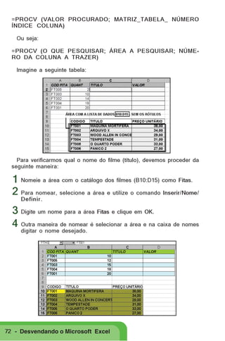 =PROCV (VALOR PROCURADO; MATRIZ_TABELA_ NÚMERO
ÍNDICE COLUNA)
Ou seja:
=PROCV (O QUE PESQUISAR; ÁREA A PESQUISAR; NÚMERO DA COLUNA A TRAZER)
Imagine a seguinte tabela:

Para verificarmos qual o nome do filme (título), devemos proceder da
seguinte maneira:

1 Nomeie a área com o catálogo dos filmes (B10:D15) como Fitas.
2 Para nomear, selecione a área e utilize o comando Inserir/Nome/
Definir.

3 Digite um nome para a área Fitas e clique em OK.
4 Outra maneira de nomear é selecionar a área e na caixa de nomes
digitar o nome desejado.

72 - Desvendando o Microsoft Excel

 