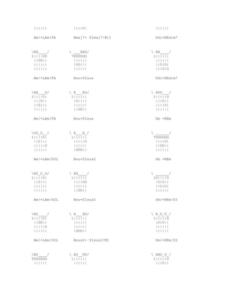 ||||||          ||||O|                ||||||

 Am/=LAm/FA      Bmaj7= SImaj7/#11     Ddi=REdim7


XX____/        ___XXO/              XX____/
1||||OO         7OOOOOO               1||||||
 ||OO||          ||||||                ||||||
 ||||||          |OO|||                ||O|O|
 ||||||          ||||||                |||O|O

 Am/=LAm/FA      Bsu=SIsus             Ddi=REdim7


XX___O/        X___XO/              XOO___/
1||||O|         1||||||               1|||||O
 |||O||          |O||||                |||O||
 ||O|||          ||||||                ||||O|
 ||||||          ||OO||                ||||||

 Am/=LAm/FA      Bsu=SIsus             Dm =REm


OO_O__/        X___X_/              ______/
1||||O|         1||||||               7OOOOOO
 ||O|||          |||||O                ||||O|
 |||||O          ||||||                ||OO||
 ||||||          |OOO||                ||||||

 Am/=LAm/SOL     Bsu=SIsus2            Dm =REm


XO_O_O/        XX____/              ______/
1||||O|         1||||||               1O||||O
 ||O|||          ||||OO                |O|O||
 ||||||          ||||||                ||O|O|
 ||||||          ||OO||                ||||||

 Am/=LAm/SOL     Bsu=SIsus2            Dm/=REm/SI


XO____/        X___XO/              X_O_O_/
1||||O|         1||||||               1|||||O
 ||OO||          ||||||                |O|O||
 |||||O          ||||||                ||||||
 ||||||          |OOO||                ||||||

 Am/=LAm/SOL     Bsus2= SIsus2/MI      Dm/=REm/SI


XO____/        XO__OO/              XXO_O_/
5OOOOOO         1||||||               1|||||O
 ||||||          ||||||                |||O||
 