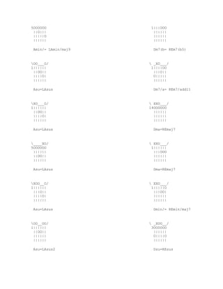 5OOOOOO               1|||OOO
 ||O|||                ||||||
 |||||O                ||||||
 ||||||                ||||||

 Amin/= LAmin/maj9     Dm7(b= REm7(b5)


OO___O/              _XO___/
1||||||               1||||OO
 ||OO||                |||O||
 ||||O|                O|||||
 ||||||                ||||||

 Asu=LAsus             Dm7/a= REm7/add11


XO___O/              XXO___/
1||||||              14OOOOOO
 ||OO||                ||||||
 ||||O|                ||||||
 ||||||                ||||||

 Asu=LAsus             Dma=REmaj7


____XO/              XXO___/
5OOOOOO               1||||||
 ||||||                |||OOO
 ||OO||                ||||||
 ||||||                ||||||

 Asu=LAsus             Dma=REmaj7


XOO__O/              XXO___/
1||||||               1|||||O
 |||O||                |||OO|
 ||||O|                ||||||
 ||||||                ||||||

 Asu=LAsus             Dmin/= REmin/maj7


OO__OO/              _XOO__/
1||||||               3OOOOOO
 ||OO||                ||||||
 ||||||                O||||O
 ||||||                ||||||

 Asu=LAsus2            Dsu=REsus
 