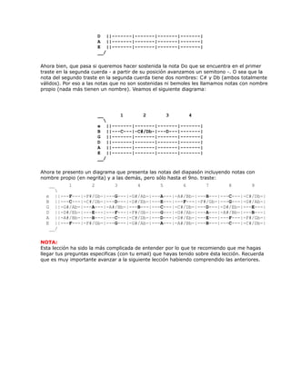 D ||-------|-------|-------|-------|
                       A ||-------|-------|-------|-------|
                       E ||-------|-------|-------|-------|
                       __/

Ahora bien, que pasa si queremos hacer sostenida la nota Do que se encuentra en el primer
traste en la segunda cuerda - a partir de su posición avanzamos un semitono -. O sea que la
nota del segundo traste en la segunda cuerda tiene dos nombres: C# y Db (ambos totalmente
válidos). Por eso a las notas que no son sostenidas ni bemoles les llamamos notas con nombre
propio (nada más tienen un nombre). Veamos el siguiente diagrama:




                       __        1        2         3        4
                          
                       e ||-------|-------|-------|-------|
                       B ||---C---|-C#/Db-|---D---|-------|
                       G ||-------|-------|-------|-------|
                       D ||-------|-------|-------|-------|
                       A ||-------|-------|-------|-------|
                       E ||-------|-------|-------|-------|
                       __/

Ahora te presento un diagrama que presenta las notas del diapasón incluyendo notas con
nombre propio (en negrita) y a las demás, pero sólo hasta el 9no. traste:
   __    1       2       3       4       5       6       7       8       9
     
  e ||---F---|-F#/Gb-|---G---|-G#/Ab-|---A---|-A#/Bb-|---B---|---C---|-C#/Db-|
  B ||---C---|-C#/Db-|---D---|-D#/Eb-|---E---|---F---|-F#/Gb-|---G---|-G#/Ab-|
  G ||-G#/Ab-|---A---|-A#/Bb-|---B---|---C---|-C#/Db-|---D---|-D#/Eb-|---E---|
  D ||-D#/Eb-|---E---|---F---|-F#/Gb-|---G---|-G#/Ab-|---A---|-A#/Bb-|---B---|
  A ||-A#/Bb-|---B---|---C---|-C#/Db-|---D---|-D#/Eb-|---E---|---F---|-F#/Gb-|
  E ||---F---|-F#/Gb-|---G---|-G#/Ab-|---A---|-A#/Bb-|---B---|---C---|-C#/Db-|
   __/

NOTA:
Esta lección ha sido la más complicada de entender por lo que te recomiendo que me hagas
llegar tus preguntas especificas (con tu email) que hayas tenido sobre ésta lección. Recuerda
que es muy importante avanzar a la siguiente lección habiendo comprendido las anteriores.
 