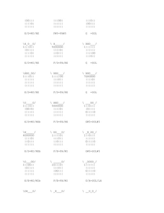 |OO|||         |||OO|        |||O||
 ||||O|         ||||||        |OO|||
 ||||||         ||||||        ||||||

 E/D=MI/RE      F#5=FA#5      G   =SOL


X_O__O/       X_____/      XXO___/
1|||O||        5OOOOOO       1||||||
 |O||||         ||||O|        ||||||
 ||||O|         ||O|||        ||||OO
 ||||||         ||||||        |||O||

 E/D=MI/RE      F/D=FA/RE     G   =SOL


XXO_OO/       XXO___/      XXO___/
1|||O||        1||||OO       7OOOOOO
 ||||||         |||O||        ||||O|
 ||||||         ||||||        ||||||
 ||||||         ||||||        ||||||

 E/D=MI/RE      F/D=FA/RE     G   =SOL


O____O/       XXO___/      ___OO_/
1|||O||        5OOOOOO       1||O|||
 |OO|O|         ||||O|        |O||||
 ||||||         ||||||        O||||O
 ||||||         ||||||        ||||||

 E/D=MI/REb     F/D=FA/RE     G#5=SOL#5


X_____/       OO___O/      _X_OO_/
4OOOOOO        1||||O|       1||O|||
 ||||O|         |||O||        ||||||
 ||O|||         ||O|||        O||||O
 ||||||         ||||||        ||||||

 E/D=MI/REb     F/E=FA/MI     G#5=SOL#5


O___OO/       _____O/      _OOOO_/
1||OO||        1O|||O|       1||||||
 |O||||         |||O||        ||||||
 ||||||         |OO|||        O||||O
 ||||||         ||||||        ||||||

 E/E=MI/MIb     F/E=FA/MI     G/A=SOL/LA


OX___O/       _X___O/      __O_O_/
 