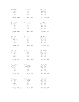 4OOOOOO            1O|||O|        1||||||
 ||||||             ||OO||         |O|O||
 ||O|||             ||||||         O||||O
 ||||||             ||||||         ||||||

 E/E=MI/MIb         F/E=FA/MI      G/A=SOL/LA


XX__OO/           XX____/       __OOO_/
1||OO||            1||||OO        1||||||
 ||||||             ||OO||         ||||||
 ||||||             ||||||         OO|||O
 ||||||             ||||||         ||||||

 E/E=MI/MIb         F/E=FA/MI      G/C=SOL/DO


O___O_/           XX___O/       X_OOO_/
1|||O||            1||||O|        1||||||
 |OO||O             |||O||         ||||||
 ||||||             ||O|||         |O|||O
 ||||||             ||||||         ||||||

 E/G=MI/SOLb        F/E=FA/MI      G/C=SOL/DO


OX__OO/           XX____/       O_OOOO/
1|||O||            1||O|OO        1||||||
 ||||||             |||O||         |O||||
 ||||||             ||||||         ||||||
 ||O|||             ||||||         ||||||

 E/G=MI/SOLb        F/E=FA/MIb     G/E=SOL/MI


____OO/           XX____/       O_OO_O/
1|||O||            3OOOOOO        1||||||
 OOO|||             ||||O|         |O||||
 ||||||             |||O|O         ||||O|
 ||||||             ||||||         ||||||

 E/G=MI/SOLb        F/E=FA/MIb     G/E=SOL/MI


OO____/           _X____/       O__O_O/
1||||||            1||||OO        1||||||
 ||||||             |||O||         |OO|||
 ||O|O|             O|O|||         ||||O|
 |||O|O             ||||||         ||||||

 E11/b= MI11/b9     F/G=FA/SOL     G/E=SOL/MI
 