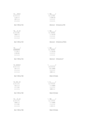 O__OOO/       XX____/
1||||||        1||||O|
 ||O|||         ||OO|O
 |O||||         ||||||
 ||||||         ||||||

 Em/=MIm/DO     Gbdim= SOLbdim/MI


X__O_O/       XX____/
1||||O|        1||O|O|
 |OO|||         |||O|O
 ||||||         ||||||
 ||||||         ||||||

 Em/=MIm/DO     Gbdim= SOLbdim/MIb


X_____/       XX____/
3OOOOOO        1||O|O|
 |||O||         |||O|O
 ||O|O|         ||||||
 ||||||         ||||||

 Em/=MIm/DO     Gbdim= SOLbdim7


O_OOOO/       ______/
1||||||        1||||||
 |O||||         O||OOO
 ||||||         ||||||
 ||||||         |OO|||

 Em/=MIm/RE     Gbm=SOLbm


O_OO_O/       X_____/
1||||||        1||||||
 |O||||         |||OOO
 ||||O|         ||||||
 ||||||         |OO|||

 Em/=MIm/RE     Gbm=SOLbm


O__O_O/       XX____/
1||||||        1||||||
 |OO|||         |||OOO
 ||||O|         ||||||
 ||||||         ||O|||

 Em/=MIm/RE     Gbm=SOLbm
 