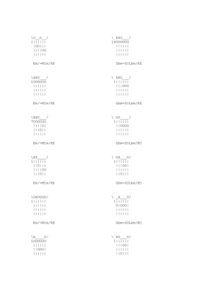 O__O__/       XXO___/
1||||||       14OOOOOO
 |OO|||         ||||||
 ||||OO         ||||||
 ||||||         ||||||

 Em/=MIm/RE     Gbm=SOLbm/RE


XXO___/       XXO___/
1OOOOOO        1||||||
 ||||||         |||OOO
 ||||||         ||||||
 ||||||         ||||||

 Em/=MIm/RE     Gbm=SOLbm/RE


XXO___/       OO____/
7OOOOOO        1||||||
 ||||O|         ||OOOO
 |||O||         ||||||
 ||||||         ||||||

 Em/=MIm/RE     Gbm=SOLbm/MI


XX____/       OX___O/
1||||||        1||||||
 ||O|||         |||OO|
 ||||OO         ||||||
 |||O||         ||O|||

 Em/=MIm/RE     Gbm=SOLbm/MI


OXOOOO/       _X___O/
1||||||        1||||||
 ||||||         O|OOO|
 ||||||         ||||||
 ||||||         ||||||

 Em/=MIm/RE     Gbm=SOLbm/MI


X____O/       XO___O/
1OOOOOO        1||||||
 ||||||         |||OO|
 ||OOO|         ||||||
 ||||||         ||O|||
 