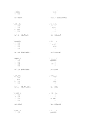 ||OOO|                |||O|O
 ||||||                ||||||

 Em7=MIm7              Gdim/= SOLdim/MIb


_XO__O/              X__O_O/
1||||||               1|O||||
 ||||||                ||O|O|
 O||OO|                ||||||
 ||||||                ||||||

 Em7(b= MIm7(b5)       Gdi=SOLdim7


OOOOOO/              XX____/
1||||||               1||||||
 ||||||                ||O|O|
 ||||||                |||O|O
 ||||||                ||||||

 Em7/a= MIm7/add11     Gdi=SOLdim7


OOOOO_/              ______/
1||||||               3OOOOOO
 ||||||                ||||||
 |||||O                |OO|||
 ||||||                ||||||

 Em7/a= MIm7/add11     Gm =SOLm


_XO_OO/              XXO___/
1||||||               1||||||
 |||O||                ||||||
 O|||||                |||OOO
 ||||||                ||||||

 Em7/a= MIm7/add11     Gm =SOLm


O_OOO_/              _XO__O/
1||||||               1||||||
 |O|||O                ||||||
 ||||||                O||OO|
 ||||||                ||||||

 Em9=MIm9              Gm/=SOLm/MI


O_OO__/              X_____/
1||||||               6OOOOOO
 