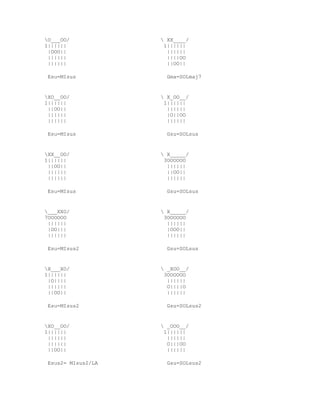 O___OO/             XX____/
1||||||              1||||||
 |OOO||               ||||||
 ||||||               ||||OO
 ||||||               ||OO||

 Esu=MIsus            Gma=SOLmaj7


XO__OO/             X_OO__/
1||||||              1||||||
 ||OO||               ||||||
 ||||||               |O||OO
 ||||||               ||||||

 Esu=MIsus            Gsu=SOLsus


XX__OO/             X_____/
1||||||              3OOOOOO
 ||OO||               ||||||
 ||||||               ||OO||
 ||||||               ||||||

 Esu=MIsus            Gsu=SOLsus


___XXO/             X_____/
7OOOOOO              3OOOOOO
 ||||||               ||||||
 |OO|||               |OOO||
 ||||||               ||||||

 Esu=MIsus2           Gsu=SOLsus


X___XO/             _XOO__/
1||||||              3OOOOOO
 |O||||               ||||||
 ||||||               O||||O
 ||OO||               ||||||

 Esu=MIsus2           Gsu=SOLsus2


XO__OO/             _OOO__/
1||||||              1||||||
 ||||||               ||||||
 ||||||               O|||OO
 ||OO||               ||||||

 Esus2= MIsus2/LA     Gsu=SOLsus2
 