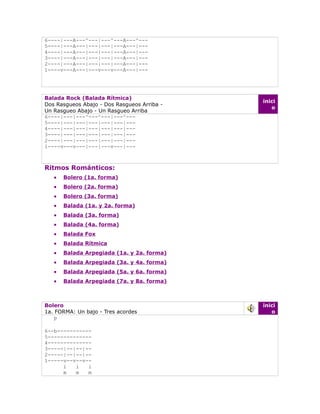 6----|---A---^---|---^---A---^---
5----|---A---|---|---|---A---|---
4----|---A---|---|---|---A---|---
3----|---A---|---|---|---A---|---
2----|---A---|---|---|---A---|---
1----v---A---|---v---v---A---|---




Balada Rock (Balada Rítmica)
                                             inici
Dos Rasgueos Abajo - Dos Rasgueos Arriba -
                                                o
Un Rasgueo Abajo - Un Rasgueo Arriba
6----|---|---^---^---|---^---
5----|---|---|---|---|---|---
4----|---|---|---|---|---|---
3----|---|---|---|---|---|---
2----|---|---|---|---|---|---
1----v---v---|---|---v---|---



Ritmos Románticos:
   •   Bolero (1a. forma)
   •   Bolero (2a. forma)
   •   Bolero (3a. forma)
   •   Balada (1a. y 2a. forma)
   •   Balada (3a. forma)
   •   Balada (4a. forma)
   •   Balada Fox
   •   Balada Rítmica
   •   Balada Arpegiada (1a. y 2a. forma)
   •   Balada Arpegiada (3a. y 4a. forma)
   •   Balada Arpegiada (5a. y 6a. forma)
   •   Balada Arpegiada (7a. y 8a. forma)



Bolero                                       inici
1a. FORMA: Un bajo - Tres acordes               o
    p

6--b-----------
5--------------
4--------------
3-----|--|--|--
2-----|--|--|--
1-----v--v--v--
      i   i   i
      m   m   m
 