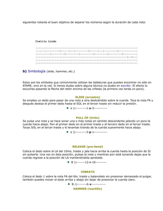 siguientes notarás el buen objetivo de separar los números según la duración de cada nota:




         Cielito Lindo

         |--------------------------------------------------------------|
         |--1--1--------0-----1--1--------0-----1--1--------0-----------|
         |--------2--------0--------2--------0--------2--------0--------|
         |--------------------------------------------------------3--0--|
         |--------------------------------------------------------------|
         |--------------------------------------------------------------|


b) Simbología (slide, hammer, etc.)


Estos son los símbolos que comúnmente utilizan las tablaturas que puedes encontrar no sólo en
ATAME, sino en la red. Si tienes dudas sobre alguna técnica no dudes en escribir. El efecto lo
escuchas pasando la flecha del ratón encima de las viñetas (la primera vez tarda un poco).


                                      SLIDE (arrastre)
Se emplea un dedo para pasar de una nota a otra deslizándolo sobre la cuerda. Toca la nota FA y
después desliza el primer dedo hasta el SOL en el tercer traste sin reducir la presión.
                                    e ||---------1-s-3-----------


                                         PULL OF (tirón)
Se pulsa una nota y se hace sonar una o más notas en sentido descendente jalando un poco la
cuerda hacia abajo. Pon el primer dedo en el primer traste y el tercero dedo en el tercer traste.
Tocas SOL en el tercer traste y lo levantas tirando de la cuerda suavemente hacia abajo.
                                    e ||---------3-p-1-----------




                                     RELEASE (pre-bend)
Coloca el dedo sobre el LA del 10mo. traste y jala hacia arriba la cuerda hasta la posición de SI
sin pulsarla. Una vez en ésta posición, pulsas la nota y mientras aún está sonando dejas que la
cuerda regrese a la posición de LA manteniéndola apretada.
                                    B ||-------12-r-10---------


                                            VIBRATO
Coloca el dedo 1 sobre la nota FA del 6to. traste y balancéalo sin presionar demasiado el pulgar,
también puedes mover el dedo arriba y abajo sin dejar de presionar la cuerda claro.
                                     B ||--------6-v------------
                                      HAMMER (martillo)
 