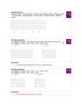 Balada Rítmica
Rasgueo abajo - Acorde abajo - Acorde arriba Rasgueo abajo - Rasgueo arriba   inici
- Acorde abajo - Rasgueo abajo - acorde abajo - Rasgueo abajo - Rasgueo          o
arriba

6--|-----------|---^-------|-------|---^---
5--|-----------|---|-------|-------|---|---
4--|-----------|---|-------|-------|---|---
3--|---|---^---|---|---|---|---|---|---|---
2--|---|---|---|---|---|---|---|---|---|---
1--v---v---|---v---|---v---v---v---v---|---
   i   i   i   i   i   i    i  i    i  i
   m           m          m       m
   a           a          a       a




Balada Arpegiada
                                                                              inici
1a. FORMA: Un bajo - i(3)-m(2)-a(1)-i(3)-m(2)-a(1)-i(3)-m(2)-a(1)-i(3)   2
                                                                                 o
2a. FORMA: Un bajo - i(3) - m(2) - a(1) - m(2) - i(3)
1a. FORMA                                   2a.FORMA:
     p                                            p

6---b----------------------                   6---b------------
5--------------------------                   5----------------
4--------------------------                   4----------------
3-----i-----i-----i-----i--                   3-----i-------i--
2-------m-----m-----m------                   2-------m---m----
1---------a-----a-----a----                   1---------a------


Ejemplos:
   •   La Maza (Silvio Rodríguez) 2a. forma, segunda parte


Balada Arpegiada
                                                                              inici
3a. FORMA: Un bajo - a(1) - m(2) - i(3) - m(2) - a(1)
                                                                                 o
4a. FORMA: Un bajo - i(3) - m(2) - a(1)
3a. FORMA:                       4a. FORMA:
     p                                p

6---b------------                6---b--------
5----------------                5------------
4----------------                4------------
3---------i------                3-----i------
2-------m---m----                2-------m----
1-----a-------a--                1---------a--


Ejemplos:
   •   A Puro Dolor (Son by Four) 4a. forma
 