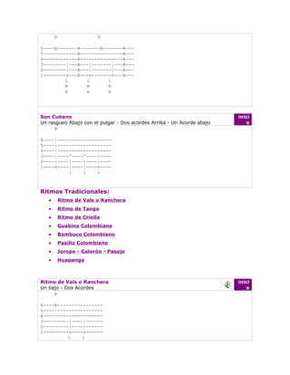 p               p

6----b-------A-------b-------A---
5------------A---------------A---
4------------A---------------A---
3--------|---A---|-------|---A---
2--------|---A---|-------|---A---
1--------v---A---v-------v---A---
         i      i       i
         m      m       m
         a      a       a




Son Cubano                                                              inici
Un rasgueo Abajo con el pulgar - Dos acordes Arriba - Un Acorde abajo      o
      p

6----|-------------------
5----|-------------------
4----|--------------|----
3----|----^----^----|----
2----|----|----|----|----
1----v----|----|----v----
          i    i    i



Ritmos Tradicionales:
   •    Ritmo de Vals o Ranchera
   •    Ritmo de Tango
   •    Ritmo de Criolla
   •    Guabina Colombiana
   •    Bambuco Colombiano
   •    Pasillo Colombiano
   •    Joropo - Galerón - Pasaje
   •    Huapango



Ritmo de Vals o Ranchera                                                inici
Un bajo - Dos Acordes                                                      o
     p

6----b----------------
5---------------------
4---------------------
3---------|----|------
2---------|----|------
1---------v----v------
          i    i
 