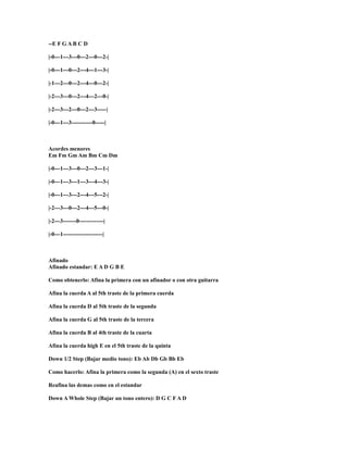 --E F G A B C D

|-0---1---3---0---2---0---2-|

|-0---1---0---2---4---1---3-|

|-1---2---0---2---4---0---2-|

|-2---3---0---2---4---2---0-|

|-2---3---2---0---2---3-----|

|-0---1---3-----------0-----|



Acordes menores
Em Fm Gm Am Bm Cm Dm

|-0---1---3---0---2---3---1-|

|-0---1---3---1---3---4---3-|

|-0---1---3---2---4---5---2-|

|-2---3---0---2---4---5---0-|

|-2---3-------0-------------|

|-0---1---------------------|



Afinado
Afinado estandar: E A D G B E

Como obtenerlo: Afina la primera con un afinador o con otra guitarra

Afina la cuerda A al 5th traste de la primera cuerda

Afina la cuerda D al 5th traste de la segunda

Afina la cuerda G al 5th traste de la tercera

Afina la cuerda B al 4th traste de la cuarta

Afina la cuerda high E en el 5th traste de la quinta

Down 1/2 Step (Bajar medio tono): Eb Ab Db Gb Bb Eb

Como hacerlo: Afina la primera como la segunda (A) en el sexto traste

Reafina las demas como en el estandar

Down A Whole Step (Bajar un tono entero): D G C F A D
 