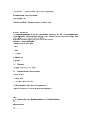 Como hacerlo: La primera como la segunda en el septimo traste

Reafina las demas como en el estandar

Drop D: D A D G B E

Como conseguirlo: low E como la cuerda A en el sexto traste




Definicion del tabulado
Los siguientes simbolos son los que mas frecuentemente aparecen en los "tabs", en algunos puede que
estos no signifiquen lo mismo, de todas maneras es muy usual que, en estos casos, la persona que lo ha
hecho explique lo que realmente quieren significar.
He decidido ponerlo en inglés, porque asi es como mayormente
se conocen (y porque es mas fácil).
Para saber como se hacen: guia

) = Bend

/ = slide

~~ = vibrato

h = hammer on

p = pulloff

PM = Palm mute

xx = pick scrape (rasgar con la pua)

NH = Armonico natural (Natural armonic)

+ = Tremelo Pick

) = Unison Bend

| = Ghost Bend (Bend fantasma)

| = Ghost Bend and release (Bend fantasma y soltar)

* = Retroalimentacion descontrolada (Uncontrolled feedback)




PICK:
Se toca la nota con la pua o el pick presionando o no el mástil o diapasón.
E-|----5-------------|

B-|------------------|

G-|------------------|
 