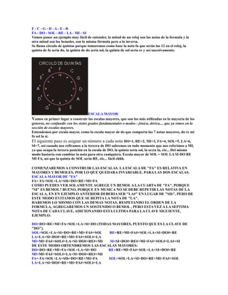 F-C -G-D-A-E-B
FA - DO - SOL - RE - LA - MI - SI
Vamos poner un ejemplo muy fácil de entender, la mitad de un reloj son las notas de la formula y la
otra mitad son los bemoles, son la misma fórmula pero a la inversa.
Se llama círculo de quintas porque tomaremos como base la nota fa que serán las 12 en el reloj, la
quinta de fa sería do, la quinta de do sería sol, la quinta de sol sería re y así sucesivamente.




                                    ESCALA MAYOR
Vamos en primer lugar a construir las escalas mayores, que son las más utilizadas en la mayoría de los
generos, no confundir con los sietes grados fundamentales o modos : jónica, dórica.... que ya vimos en la
sección de escalas mayores.
Entendemos por escala mayor, como la escala mayor de do que comporta las 7 notas mayores, do re mi
fa sol la si.
El siguiente paso es asignar un número a cada nota DO=1, RE=2, MI=3, FA=4, SOL=5, LA=6,
SI=7, así cuando nos refiramos a la tercera de DO sabremos en todo momento que nos referimos a MI,
ya que ocupa la tercera posición en la escala de DO, la quinta sería sol, la sexta la, etc... Del mismo
modo bastaría con cambiar la nota para otra cualquiera. Escala mayor de SOL = SOL LA SI DO RE
MI FA, así que la quinta de SOL sería RE, etc... fácil ehhh.

COMENZAREMOS A CONSTRUIR LAS ESCALAS. LA ESCALA DE "FA" ES RELATIVA EN
MAYORES Y BEMOLES, POR LO QUE QUEDARA INVARIABLE, PARA LAS DOS ESCALAS.
ESCALA MAYOR DE "FA"
FA= FA+SOL+LA+SIb+DO+RE+MI+FA
COMO PUEDES VER SOLAMENTE AGREGE UN BEMOL A LA CUARTA DE "FA". PORQUE
"SI" ES BEMOL? BUENO, PORQUE EN MUSICA NO SE DEBE REPETIR LAS NOTAS DE LA
ESCALA, EN EN EJEMPLO ANTERIOR DEBERIA SER "LA#" EN LUGAR DE "SIb", PERO DE
ESTE MODO EVITAMOS QUE SE REPITA LA NOTA DE "LA".
HAREMOS LO MISMO CON LAS DEMAS NOTAS, RESPETANDO EL ORDEN DE LA
FORMULA, AGREGAREMOS UN SOSTENIDO O BEMOL , PERO ESTA VEZ A LA SEPTIMA
NOTA DE CADA CLAVE, ADICIONANDO ESTA ULTIMA PARA LA CLAVE SIGUIENTE,
EJEMPLO:

DO=DO+RE+MI+FA+SOL+LA+SI+DO (TODAS MAYORES, PUESTO QUE ES LA CLAVE DE
"DO").
SOL=SOL+LA+SI+DO+RE+MI+FA#+SOL   RE=RE+MI+FA#+SOL+LA+SI+DO#+RE
LA=LA+SI+DO#+RE+MI+FA#+SOL#+LA
MI=MI+FA#+SOL#+LA+SI+DO#+RE#+MI   SI=SI+DO#+RE#+MI+FA#+SOL#+LA#+SI
DE ESTE MODO OBTENDREMOS LAS ESCALAS MAYORES:
DO=DO+RE+MI+FA+SOL+LA+SI+DO      RE=RE+MI+FA#+SOL+LA+SI+DO#+RE
MI=MI+FA#+SOL#+LA+SI+DO#+RE#+MI
FA= FA+SOL+LA+SIb+DO+RE+MI+FA    SOL=SOL+LA+SI+DO+RE+MI+FA#+SOL
LA=LA+SI+DO#+RE+MI+FA#+SOL#+LA
 