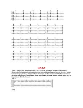 LICKS
Vamos a dedicar estos primeros patrones o licks a la escala de rock por excelencia la Pentatónica
Menor, todas las imágenes tienen sonido basta con hacer click en ellas, estos licks nos sirven, en primer
lugar para coger práctica y en segundo lugar deciros que muchos de ellos son utilizados comúnmente,
así mismo, podéis jugar a unirlos, hacer partes más despacio otras más rápidas, cambiar notas, etc... lo
importante es disfrutar tocando.
Lick 1:




Lick2:
 