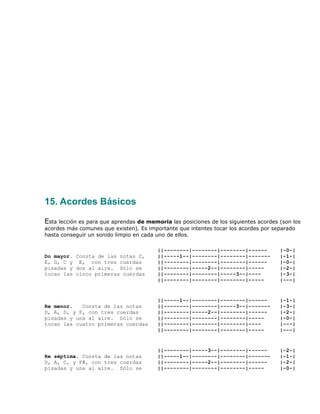 15. Acordes Básicos

Esta lección es para que aprendas de memoria las posiciones de los siguientes acordes (son los
acordes más comunes que existen). Es importante que intentes tocar los acordes por separado
hasta conseguir un sonido limpio en cada uno de ellos.

                                         ||--------|--------|--------|------          |-0-|
Do mayor. Consta de las notas C,         ||-----1--|--------|--------|-------         |-1-|
E, G, C y E, con tres cuerdas            ||--------|--------|--------|------          |-0-|
pisadas y dos al aire. Sólo se           ||--------|-----2--|--------|-----           |-2-|
tocan las cinco primeras cuerdas         ||--------|--------|-----3--|----            |-3-|
                                         ||--------|--------|--------|-----           |---|


                                         ||-----1--|--------|--------|------          |-1-|
Re menor.   Consta de las notas          ||--------|--------|-----3--|-------         |-3-|
D, A, D, y F, con tres cuerdas           ||--------|-----2--|--------|------          |-2-|
pisadas y una al aire. Sólo se           ||--------|--------|--------|-----           |-0-|
tocan las cuatro primeras cuerdas        ||--------|--------|--------|----            |---|
                                         ||--------|--------|--------|-----           |---|


                                         ||--------|-----3--|--------|------          |-2-|
Re séptima. Consta de las notas          ||-----1--|--------|--------|-------         |-1-|
D, A, C, y F#, con tres cuerdas          ||--------|-----2--|--------|------          |-2-|
pisadas y una al aire. Sólo se           ||--------|--------|--------|-----           |-0-|
 