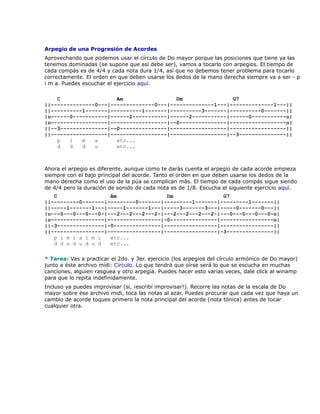 Arpegio de una Progresión de Acordes
Aprovechando que podemos usar el círculo de Do mayor porque las posiciones que tiene ya las
tenemos dominadas (se supone que así debe ser), vamos a tocarlo con arpegios. El tiempo de
cada compás es de 4/4 y cada nota dura 1/4, así que no debemos tener problema para tocarlo
correctamente. El orden en que deben usarse los dedos de la mano derecha siempre va a ser - p
i m a. Puedes escuchar el ejercicio aquí.

    C                  Am                 Dm                G7
||--------------0---|--------------0---|--------------1---|--------------1---||
||----------1-------|----------1-------|----------3-------|----------0-------||
|o------0-----------|------2-----------|------2-----------|------0-----------o|
|o------------------|------------------|--0---------------|------------------o|
||--3---------------|--0---------------|------------------|------------------||
||------------------|------------------|------------------|--3---------------||
    p   i   m   a      etc...
    d   d   d   u      etc...



Ahora el arpegio es diferente, aunque como te darás cuenta el arpegio de cada acorde empieza
siempre con el bajo principal del acorde. Tanto el orden en que deben usarse los dedos de la
mano derecha como el uso de la púa se complican más. El tiempo de cada compás sigue siendo
de 4/4 pero la duración de sonido de cada nota es de 1/8. Escucha el siguiente ejercicio aquí.
   C                 Am                Dm                G7
||---------0-------|---------0-------|---------1-------|---------1-------||
||-----1-------1---|-----1-------1---|-----3-------3---|-----0-------0---||
|o---0---0---0---0-|---2---2---2---2-|---2---2---2---2-|---0---0---0---0-o|
|o-----------------|-----------------|-0---------------|-----------------o|
||-3---------------|-0---------------|-----------------|-----------------||
||-----------------|-----------------|-----------------|-3---------------||
   p i m i a i m i   etc...
   d d u d u d u d   etc...

* Tarea: Vas a practicar el 2do. y 3er. ejercicio (los arpegios del círculo armónico de Do mayor)
junto a éste archivo midi: Círculo. Lo que tendrá que oírse será lo que se escucha en muchas
canciones, alguien rasguea y otro arpegia. Puedes hacer esto varias veces, dale click al winamp
para que lo repita indefinidamente.
Incluso ya puedes improvisar (sí, ¡escribí improvisar!). Recorre las notas de la escala de Do
mayor sobre ése archivo midi, toca las notas al azar. Puedes procurar que cada vez que haya un
cambio de acorde toques primero la nota principal del acorde (nota tónica) antes de tocar
cualquier otra.
 