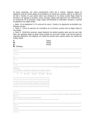 la mano izquierda, así como coordinación entre las 2 manos. Háganlo según la
digitación que les marco abajo de la tablatura en todas las cuerdas, este es un ejercicio
de Ida y Vuelta, lo cual quiere decir que empieza en la sexta cuerda llega hasta la
primera y se regresa a la sexta. Como consejo, hagan este ejercicio con metrónomo, a
un tempo de 70 al principio, luego vayan aumentando la velocidad, siempre y cuando
la digitación les salga limpia.
• Nota.- En la digitación 5 4 5 recorren la mano 1 traste y la digitación es también con
Meñique Anular.
• Nota 2.- Como el ejercicio es cromático en la tercera cuerda solo se llega hasta el
4to traste.
• Nota 3.- Conforme avancen vayan dejando los dedos puestos para que les sea más
fácil, por ejemplo dejan el dedo índice puesto en el primer traste y les servirá para la
segunda digitación, así háganlo con todos los demás solo cuando salten de cuerda los
quitan todos.
I.-                                       Índice
M.-                                        Medio
A.-                                       Anular
Ñ.- Meñique
||-----------------------------------------------------------------------
------
||-----------------------------------------------------------------------
------
|
o------------------------------------------------------------------------
-----
|
o------------------------------------------------------------------------
-----
||------------------------------------------1-0-1--2-1-2--3-2-3--4-3-4--
5-4-5--
||--1-0-1---2-1-2---3-2-3---4-3-4---5-4-
5--------------------------------------
    I   I   M I M   A M A   Ñ A Ñ   Ñ A Ñ

-------------------------------------||
-------------------------------------||
-------------------------------------o|
-1-0-1--2-1-2--3-2-3--4-3-4---5-4-5--o|
-------------------------------------||
-------------------------------------||

||-----------------------------------------------------------------------
------
||---------------------------------------1-0-1--2-1-2--3-2-3--4-3-4--5-4-
5-----
|o---1-0-1--2-1-2--3-2-3--4-3-
4------------------------------------------------
|
o------------------------------------------------------------------------
-----
||-----------------------------------------------------------------------
------
||-----------------------------------------------------------------------
------
 
