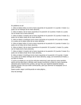 5 |----|----|----|----
        6 |----|----|----|----

        1   |----|----|----|-4--
        2   |----|----|-3--|----
        3   |----|-2--|----|----
        4   |-1--|----|----|----
        5   |----|----|----|----
        6   |----|----|----|----

En palabras es así:
1. Ubico el dedo índice (1) de la mano izquierda en la posición 11 (cuerda 1 traste 1) y
pulso con el meñique de la mano derecha,
2. Ubico el dedo 2 de la mano izquierda en la posición 22 (cuerda 2 traste 2) y pulso
con el anular de la mano derecha,
3. Ubico el dedo 3 (medio) de la mano izquierda en la posición 33 (cuerda 3 traste 3) y
pulso con el dedo medio de la mano derecha,
4. Ubico el dedo 4 (meñique) de la mano izquierda en la posición 44 (cuerda 4 traste
4) y pulso con el dedo índice de la mano derecha,
5. Ubico el dedo índice (1) de la mano izquierda en la posición 41 (cuerda 4 traste 1) y
pulso con el índice de la mano derecha,
6. Ubico el dedo 2 de la mano izquierda en la posición 32 (cuerda 3, traste 2) y pulso
con el medio de la mano derecha,
7. Ubico el dedo 3 (medio) de la mano izquierda en la posición 23 (cuerda 3 traste 3) y
pulso con el dedo anular de la mano derecha,
8. Ubico el dedo 4 (meñique) de la mano izquierda en la posición 14 (cuerda 1 traste
4) y pulso con el dedo meñique de la mano derecha, luego, se incrementa el traste, y
se hace lo mismo.
Y (como ya estaba en uno de los artículos anteriores) este ejercicio entra también
dentro de los aburridos y difíciles, pero ayuda muchísimo a soltar la mano izquierda
(derecha para nosotros los zurdos), así que hay que repetirlo bastante tiempo;
también ayuda a los que están comenzando, para que dominen el arpegiado con el
dedo meñique.
Espero poder seguir contribuyendo en esta página...
Dios les bendiga
 