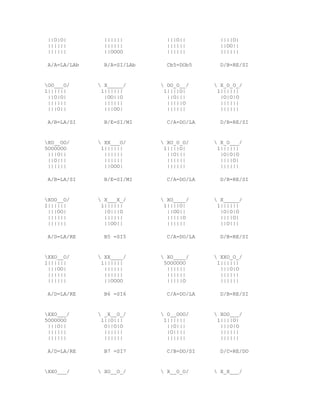 ||O|O|         ||||||         |||O||        ||||O|
 ||||||         ||||||         ||||||        ||OO||
 ||||||         ||OOOO         ||||||        ||||||

 A/A=LA/LAb     B/A=SI/LAb     Cb5=DOb5      D/B=RE/SI


OO___O/       X_____/       OO_O__/      X_O_O_/
1||||||        1||||||        1||||O|       1||||||
 ||O|O|         |OO||O         ||O|||        |O|O|O
 ||||||         ||||||         |||||O        ||||||
 |||O||         |||OO|         ||||||        ||||||

 A/B=LA/SI      B/E=SI/MI      C/A=DO/LA     D/B=RE/SI


XO__OO/       XX___O/       XO_O_O/      X_O___/
5OOOOOO        1||||||        1||||O|       1||||||
 |||O||         ||||||         ||O|||        |O|O|O
 ||O|||         ||||||         ||||||        ||||O|
 ||||||         ||OOO|         ||||||        ||||||

 A/B=LA/SI      B/E=SI/MI      C/A=DO/LA     D/B=RE/SI


XOO__O/       X___X_/       XO____/      X_____/
1||||||        1||||||        1||||O|       1||||||
 |||OO|         |O|||O         ||OO||        |O|O|O
 ||||||         ||||||         |||||O        ||||O|
 ||||||         ||OO||         ||||||        ||O|||

 A/D=LA/RE      B5 =SI5        C/A=DO/LA     D/B=RE/SI


XXO__O/       XX____/       XO____/      XXO_O_/
1||||||        1||||||        5OOOOOO       1||||||
 |||OO|         ||||||         ||||||        |||O|O
 ||||||         ||||||         ||||||        ||||||
 ||||||         ||OOOO         |||||O        ||||||

 A/D=LA/RE      B6 =SI6        C/A=DO/LA     D/B=RE/SI


XXO___/       _X__O_/       O__OOO/      XOO___/
5OOOOOO        1||O|||        1||||||       1||||O|
 |||O||         O||O|O         ||O|||        |||O|O
 ||||||         ||||||         |O||||        ||||||
 ||||||         ||||||         ||||||        ||||||

 A/D=LA/RE      B7 =SI7        C/B=DO/SI     D/C=RE/DO


XXO___/       XO__O_/       X__O_O/      X_X___/
 