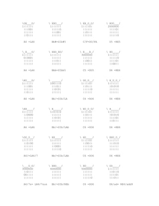 OX___O/            XXO___/        XX_O_O/      XOO___/
1||||||             1||||||         1||||O|       2OOOOOO
 |||OO|              |||||O          ||||||        ||||O|
 ||||||              |||OO|          ||O|||        ||||||
 ||O|||              ||||||          ||||||        |||||O

 A6 =LA6             Bb#=SIb#5       C/F=DO/FA     D5 =RE5


_X___O/            XXO_XO/        X___X_/      XO____/
1||||||             1||||||         3OOOOOO       1||||||
 O|OOO|              ||||||          ||||||        |||||O
 ||||||              |||O||          ||OO||        ||||O|
 ||||||              ||||||          ||||||        ||OO||

 A6 =LA6             Bbb=SIbb5       C5 =DO5       D6 =RE6


XO___O/            ______/        OO_O__/      X_O_O_/
1||||||             1OO|||O         1||||O|       1||||||
 |||OO|              |||O||          ||O|||        |O|O|O
 ||||||              ||O|O|          |||||O        ||||||
 ||O|||              ||||||          ||||||        ||||||

 A6 =LA6             Bb/=SIb/LA      C6 =DO6       D6 =RE6


XX____/            X_____/        XO_O_O/      X_____/
1||||||             1|O|O|O         1||||O|       1||||||
 ||OOOO              ||||||          ||O|||        |O|O|O
 ||||||              ||O|O|          ||||||        ||||O|
 ||||||              ||||||          ||||||        ||O|||

 A6 =LA6             Bb/=SIb/LAb     C6 =DO6       D6 =RE6


OO_O__/            XX____/        XO____/      XXO_O_/
1||||||             1||||||         1||||O|       1||||||
 ||O|OO              ||||||          ||OO||        |||O|O
 ||||||              ||OOO|          |||||O        ||||||
 ||||||              |||||O          ||||||        ||||||

 A6/=LA6/7           Bb/=SIb/LAb     C6 =DO6       D6 =RE6


___O_O/            XXO___/        XO____/      OO____/
3OOOOOO             6OOOOOO         5OOOOOO       1||||||
 ||O|||              ||||||          ||||||        ||O||O
 OO||||              ||||||          ||||||        ||||O|
 ||||||              ||||||          |||||O        |||O||

 A6/7s= LA6/7sus     Bb/=SIb/REb     C6 =DO6       D6/ad= RE6/add9
 