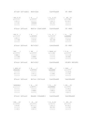 A7/ad= LA7/add11   Bb6=SIb6             Cad=DOadd9     D9 =RE9


XO_O_O/           X_____/             X__O_O/       _XO__O/
1||||||            1||||||              1||||||        1||||O|
 ||O|||             ||||||               ||O|||         O||O||
 ||||O|             |OOOOO               |O||O|         ||||||
 ||||||             ||||||               ||||||         ||||||

 A7sus= LA7sus4     Bb6/a= SIb6/add9     Cad=DOadd9     D9 =RE9


XO_O__/           X_____/             X__O__/       X____O/
1||||||            1|O|O|O              1||||||        5OOOOOO
 ||O|||             ||||||               ||O|||         ||||||
 ||||OO             ||O|O|               |O||OO         ||O|O|
 ||||||             ||||||               ||||||         ||||||

 A7sus= LA7sus4     Bb7=SIb7             Cad=DOadd9     D9 =RE9


XO____/           XX____/             XXOO_O/       O_X___/
1||||||            1||||||              1||||O|        1||||||
 ||OO||             ||||||               ||||||         |||||O
 ||||OO             ||OOO|               ||||||         |O|OO|
 ||||||             |||||O               ||||||         ||||||

 A7sus= LA7sus4     Bb7=SIb7             Cad=DOadd9     D9(#5= RE9(#5)


_XOO_O/           X_____/             XXO___/       OOO___/
3OOOOOO            1|O|O|O              3OOOOOO        1||||||
 ||||||             ||||||               ||||||         |||O|O
 O|||||             ||O|||               |||OO|         ||||O|
 ||||||             ||||O|               ||||||         ||||||

 A7sus= LA7sus4     Bb7su= SIb7sus4      Cad=DOadd9     Dad=REadd9


XOOOXO/           X____O/             X____O/       OO___O/
1||||||            1|O||||             10OOOOOO        1||||||
 ||||||             ||||||               ||||||         |||O||
 ||||||             ||OOO|               ||OO||         ||||O|
 ||||||             ||||||               ||||O|         ||O|||

 A7sus= LA7sus4     Bbadd= SIbadd#11     Cad=DOadd9     Dad=REadd9


OO___O/           _X___O/             X__O_O/       _XO__O/
1||||||            1||||||              1||||||        1||||||
 ||O|O|             O|||||               ||O|||         O||O||
 ||||||             |||OO|               |O||O|         ||||O|
 |||O||             ||O|||               ||||||         ||||||
 