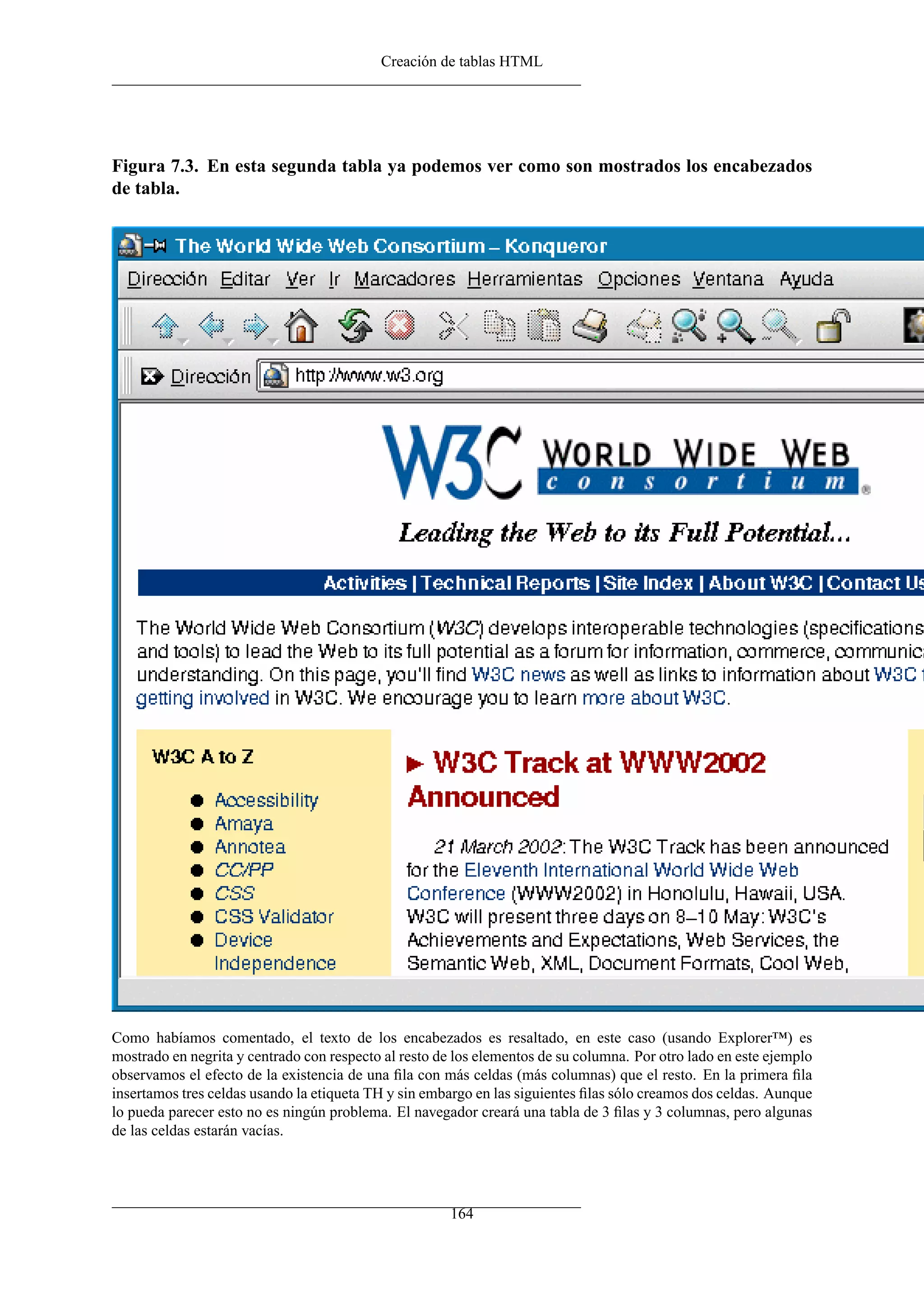 Creación de tablas HTML
Figura 7.3. En esta segunda tabla ya podemos ver como son mostrados los encabezados
de tabla.
Como habíamos comentado, el texto de los encabezados es resaltado, en este caso (usando Explorer™) es
mostrado en negrita y centrado con respecto al resto de los elementos de su columna. Por otro lado en este ejemplo
observamos el efecto de la existencia de una ﬁla con más celdas (más columnas) que el resto. En la primera ﬁla
insertamos tres celdas usando la etiqueta TH y sin embargo en las siguientes ﬁlas sólo creamos dos celdas. Aunque
lo pueda parecer esto no es ningún problema. El navegador creará una tabla de 3 ﬁlas y 3 columnas, pero algunas
de las celdas estarán vacías.
164
 