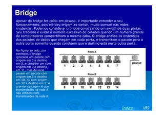BridgeBridge
Apesar do bridge ter caído em desuso, é importante entender o seu
funcionamento, pois ele deu origem ao switch, muito comum nas redes
modernas. Podemos considerar o bridge como sendo um switch de duas portas.
Seu trabalho é evitar o número excessivo de colisões quando um número grande
de computadores compartilham o mesmo cabo. O bridge analisa os endereços
dos pacotes de dados que chegam em cada porta, e transmitem o pacote para a
outra porta somente quando concluem que o destino está neste outra porta.
159Índice
Na figura ao lado, por
exemplo, o bridge
ignoraria um pacote com
origem em 3 e destino
em 5, e também um com
origem em 9 e destino
em 11, mas deixaria
passar um pacote com
origem em 6 e destino
em 10, ou com origem
em 12 e destino em 1. A
grande vantagem é que
transmissões na rede A
não colidem com
transmissões da rede B.
 