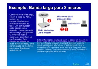 ExemploExemplo: Banda: Banda larga paralarga para 2 micros2 micros
Conexões de banda larga,
sejam a cabo ou ADSL,
podem ser
compartilhadas pelo
processo indicado ao
lado. Um computador
pode operar como
roteador, desde que este
recurso seja configurado.
O Windows 98SE e
superiores permitem tal
configuração. Este
computador deve ter
duas placas de rede, uma
para ligação no modem e
outra para ligação na
rede interna.
456Índice
Esta configuração é ideal para quem já possui um modem de
banda larga, ao invés de um modem/roteador. Desta forma
não é necessário comprar um modem/roteador, nem um
switch para ligar os dois micros. A desvantagem é que é
necessário ligar o primeiro micro para que o segundo tenha
acesso à Internet. É recomendável que o micro conectado à
Internet seja ligado antes do outro.
 
