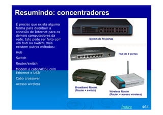 ResumindoResumindo:: concentradoresconcentradores
É preciso que exista alguma
forma para distribuir a
conexão de Internet para os
demais computadores da
rede. Isto pode ser feito com
um hub ou switch, mas
existem outros métodos:
Hub
Switch
Router/switch
Modem a cabo/ADSL com
Ethernet e USB
Cabo crossover
Acesso wireless
464Índice
 