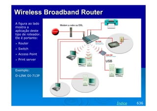 Wireless Broadband RouterWireless Broadband Router
A figura ao lado
mostra a
aplicação deste
tipo de roteador.
Ele é portanto:
Router
Switch
Access Point
Print server
Exemplo:
D-LINK DI-713P
636Índice
 