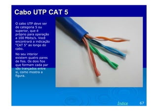 CaboCabo UTP CAT 5UTP CAT 5
O cabo UTP deve ser
de categoria 5 ou
superior, que é
próprio para operação
a 100 Mbits/s. Você
encontrará a indicação
“CAT 5” ao longo do
cabo.
No seu interior
existem quatro pares
de fios. Os dois fios
que formam cada par
são trançados entre
si, como mostra a
figura.
67Índice
 