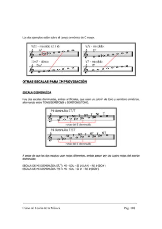 Curso de Teoría de la Música Pag. 101
Los dos ejemplos están sobre el campo armónico de C mayor.
OTRAS ESCALAS PARA IMPROVISACIÓN
ESCALA DISMINUÍDA
Hay dos escalas disminuidas, ambas artificiales, que usan un patrón de tono y semitono simétrico,
alternando entre TONO/SEMITONO o SEMITONO/TONO.
A pesar de que las dos escalas usan notas diferentes, ambas pasan por las cuatro notas del acorde
disminuído:
ESCALA DE MI DISMINUÍDA ST/T: MI - SOL - SI b (LA#) - RE b (DO#)
ESCALA DE MI DISMINUÍDA T/ST: MI - SOL - SI b - RE b (DO#)
 