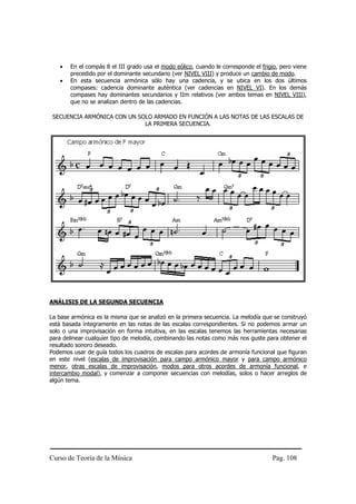 Curso de Teoría de la Música Pag. 108
• En el compás 8 el III grado usa el modo eólico, cuando le corresponde el frigio, pero viene
precedido por el dominante secundario (ver NIVEL VIII) y produce un cambio de modo.
• En esta secuencia armónica sólo hay una cadencia, y se ubica en los dos últimos
compases: cadencia dominante auténtica (ver cadencias en NIVEL VI). En los demás
compases hay dominantes secundarios y IIm relativos (ver ambos temas en NIVEL VIII),
que no se analizan dentro de las cadencias.
SECUENCIA ARMÓNICA CON UN SOLO ARMADO EN FUNCIÓN A LAS NOTAS DE LAS ESCALAS DE
LA PRIMERA SECUENCIA.
ANÁLISIS DE LA SEGUNDA SECUENCIA
La base armónica es la misma que se analizó en la primera secuencia. La melodía que se construyó
está basada íntegramente en las notas de las escalas correspondientes. Si no podemos armar un
solo o una improvisación en forma intuitiva, en las escalas tenemos las herramientas necesarias
para delinear cualquier tipo de melodía, combinando las notas como más nos guste para obtener el
resultado sonoro deseado.
Podemos usar de guía todos los cuadros de escalas para acordes de armonía funcional que figuran
en este nivel (escalas de improvisación para campo armónico mayor y para campo armónico
menor, otras escalas de improvisación, modos para otros acordes de armonía funcional, e
intercambio modal), y comenzar a componer secuencias con melodías, solos o hacer arreglos de
algún tema.
 